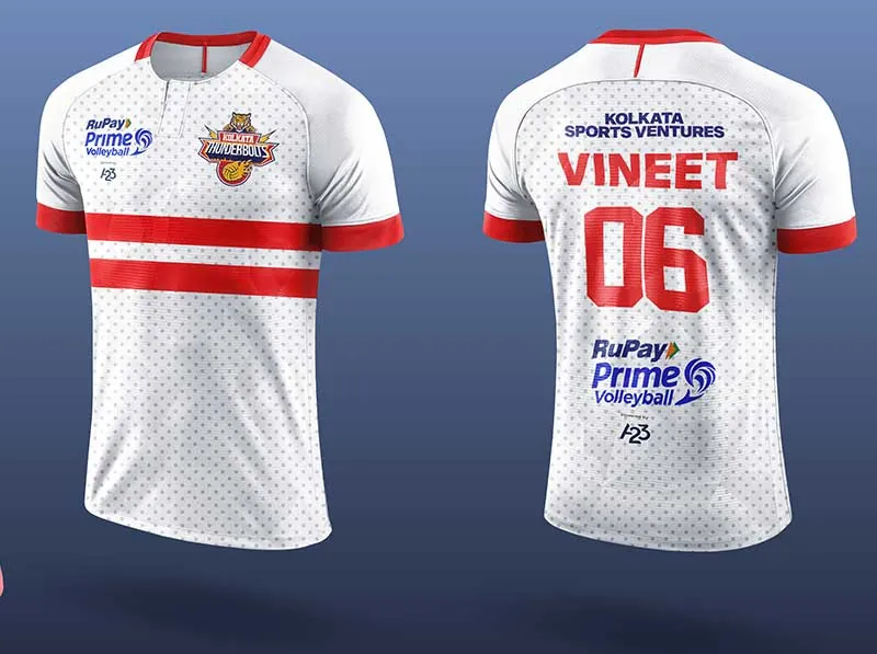 Kolkata Thunderbolts home jersey, front and back, white with red stripes