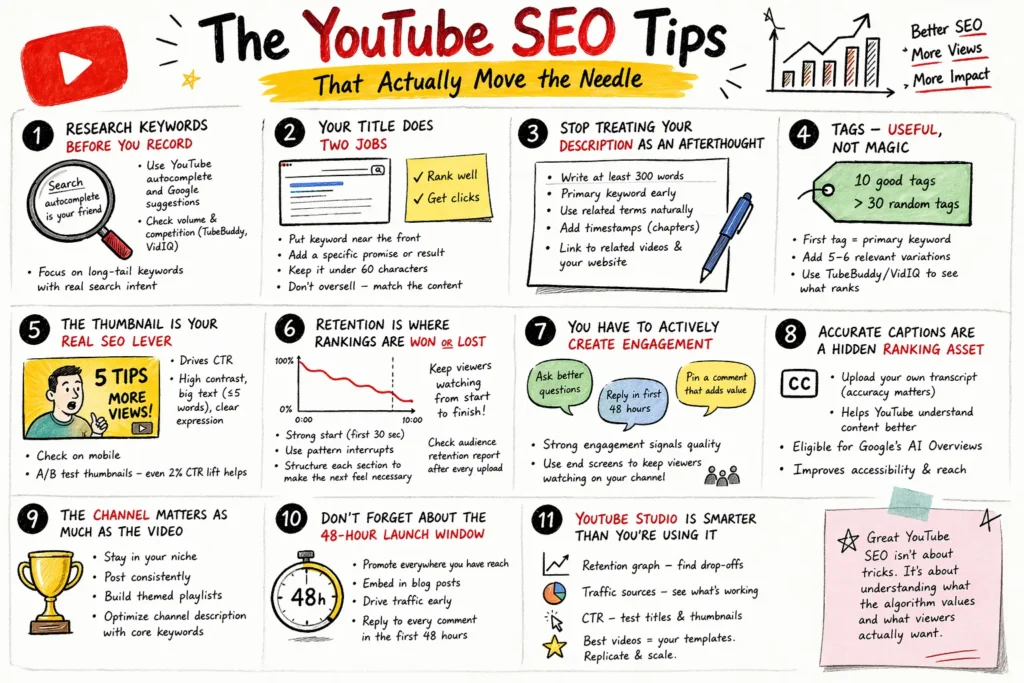 YouTube SEO tips infographic with 11 strategies