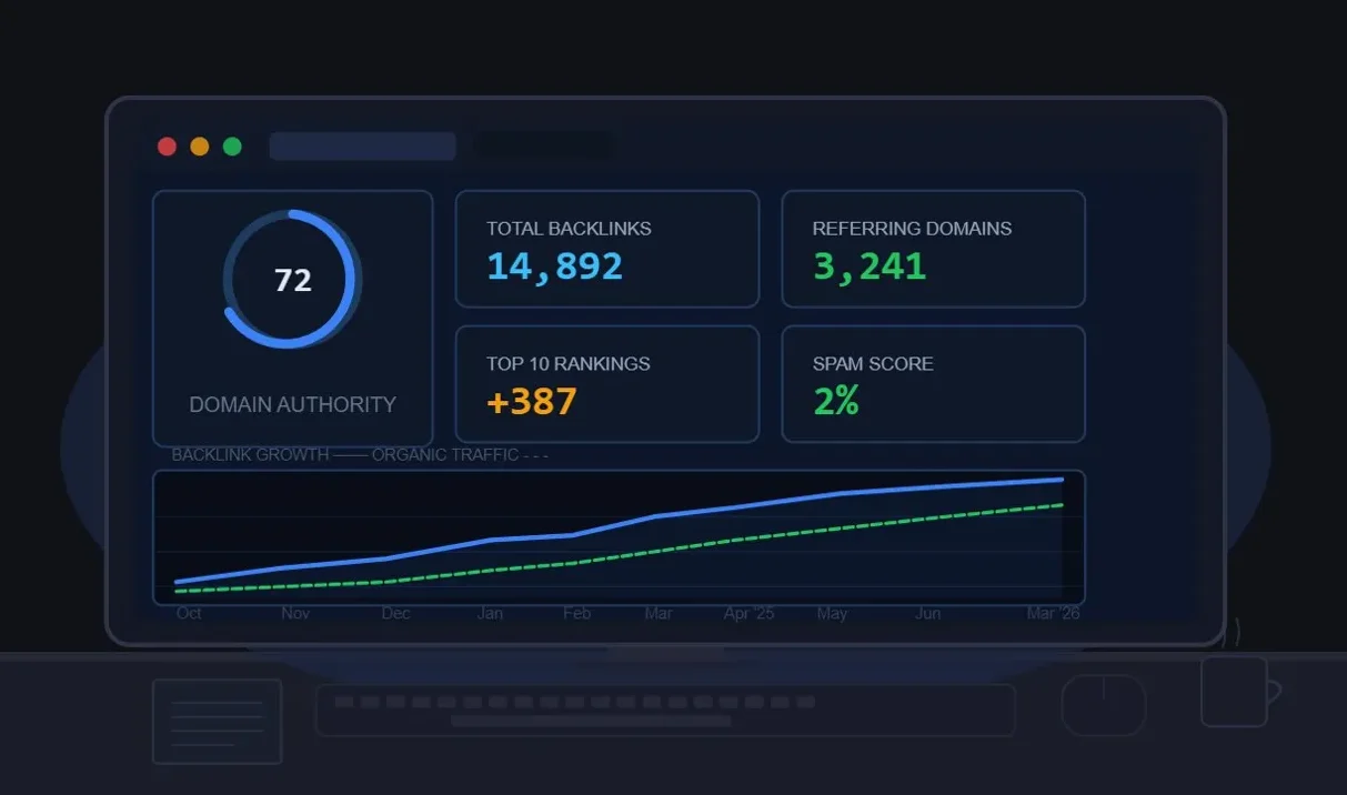 SEO Backlink Dashboard on Dark Monitor