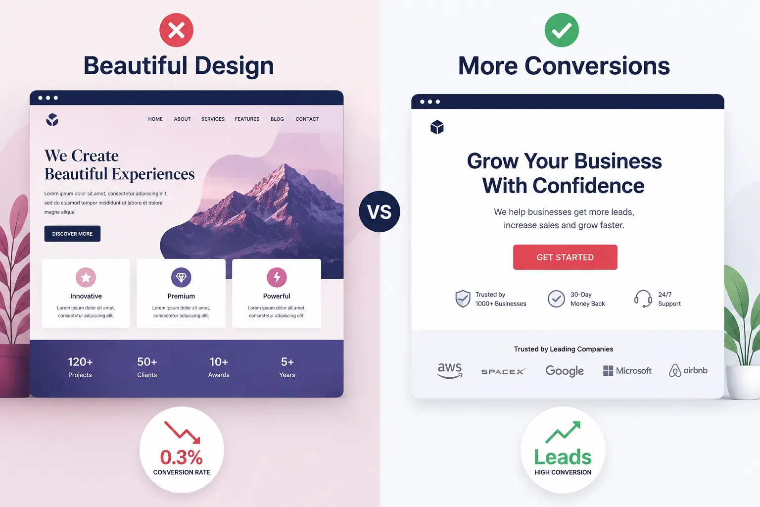 Beautiful design vs more conversions friendly landing page
