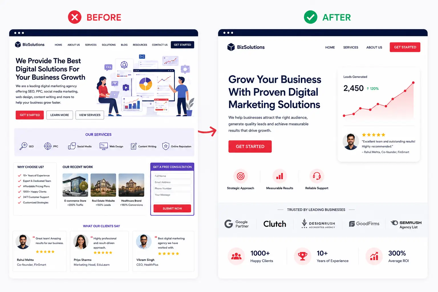 Website landing page redesign before vs after